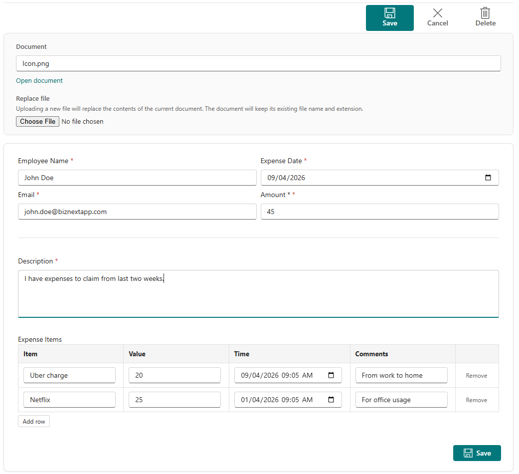 Form with tabular data and line items